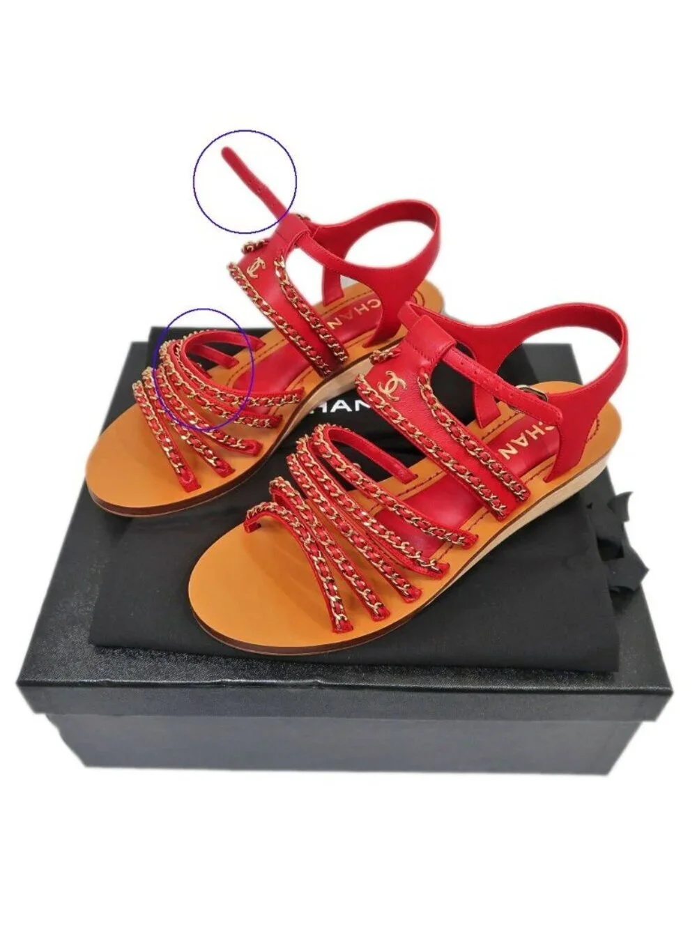 Chanel CC Logo Chain Sandals 38C Brown Red Shoes